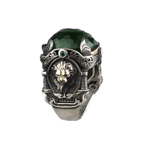Large Lion Ring CZ Green Sterling Silver, Unique Jewelry, Handmade Silver Birthday Present RP1231
