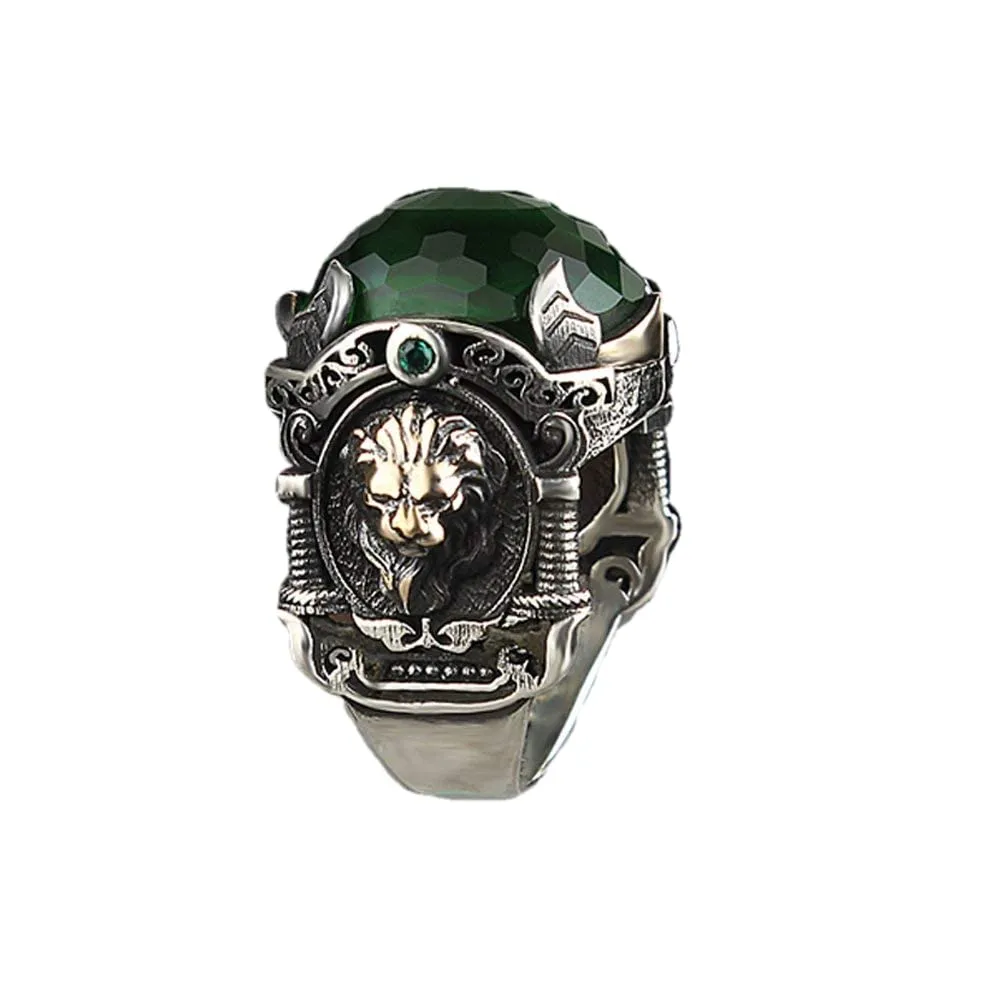 Large Lion Ring CZ Green Sterling Silver, Unique Jewelry, Handmade Silver Birthday Present RP1231