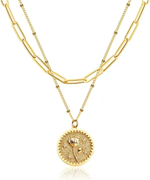 Layered Birth Flower Necklace for Women 18K Gold Plated Double Layered Engraved Custom Floral Pendant Dainty Birth Month Flower Disc Coin Necklaces Personalized Jewelry