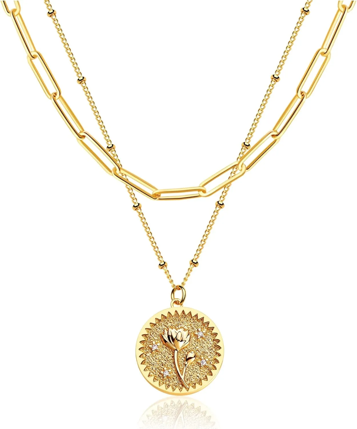 Layered Birth Flower Necklace for Women 18K Gold Plated Double Layered Engraved Custom Floral Pendant Dainty Birth Month Flower Disc Coin Necklaces Personalized Jewelry