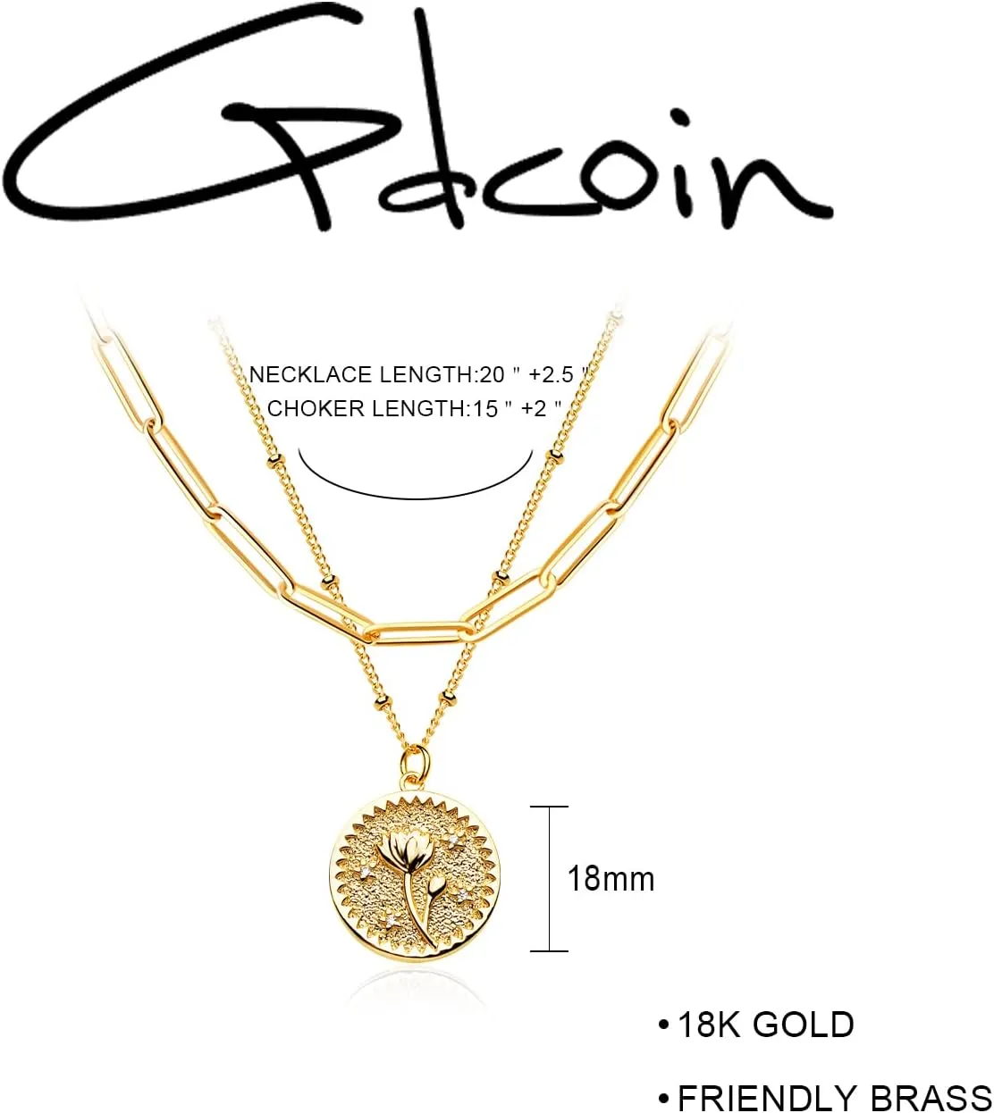 Layered Birth Flower Necklace for Women 18K Gold Plated Double Layered Engraved Custom Floral Pendant Dainty Birth Month Flower Disc Coin Necklaces Personalized Jewelry