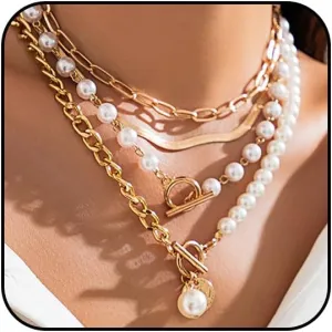 Layered Gold Necklaces Stack for Women Chunky Gold Necklace Herringbone Paperclip Pearl Chain Necklace OT Bar Clasp Necklace Country Concert Outfits Accessories