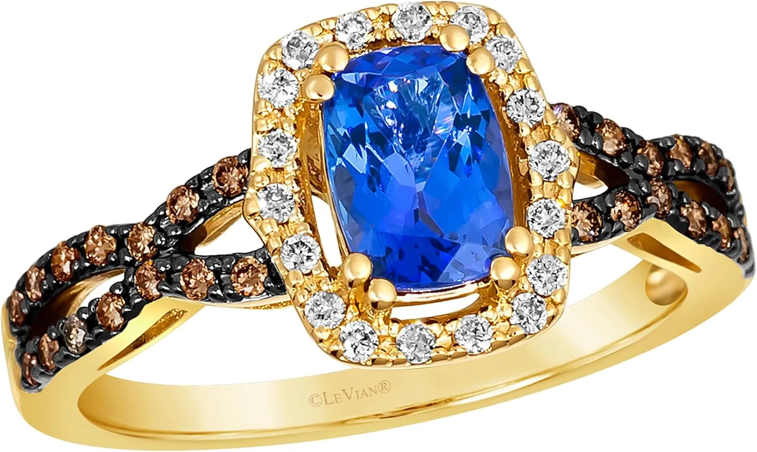 LE VIAN 1/4 Carat White and Chocolate Diamond Twist Halo Ring for Women I 14k Gold Ring for Her with Cushion Cut Aquamarine Tanzanite or Morganite (0.27 cttw) Anniversary Promise Band Size 4 to 10
