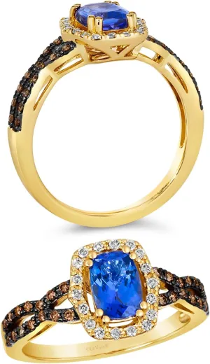 LE VIAN 1/4 Carat White and Chocolate Diamond Twist Halo Ring for Women I 14k Gold Ring for Her with Cushion Cut Aquamarine Tanzanite or Morganite (0.27 cttw) Anniversary Promise Band Size 4 to 10