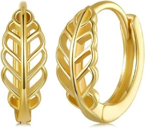 Leaf Small Huggie Hoop Earrings for Women Cartilage 925 Sterling Silver Hollow Leaves Sleeper Hypoallergenic Hoops Earring 9mm Cuffs Dainty Jewelry Gifts Birthday