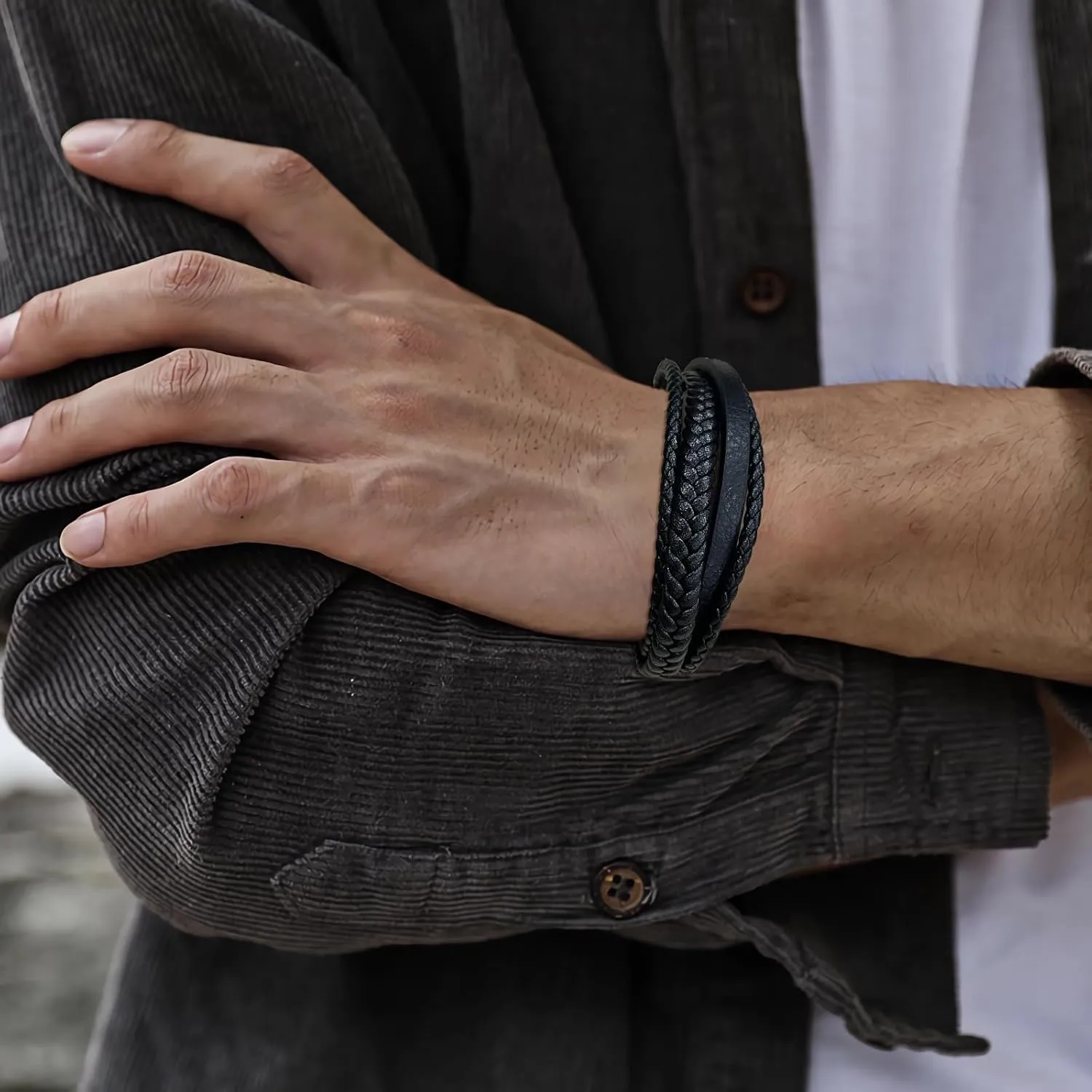 Leather Bracelet for Men  Genuine Multi-Layer Braided Wrap Wristband Bracelet Gifts for Him