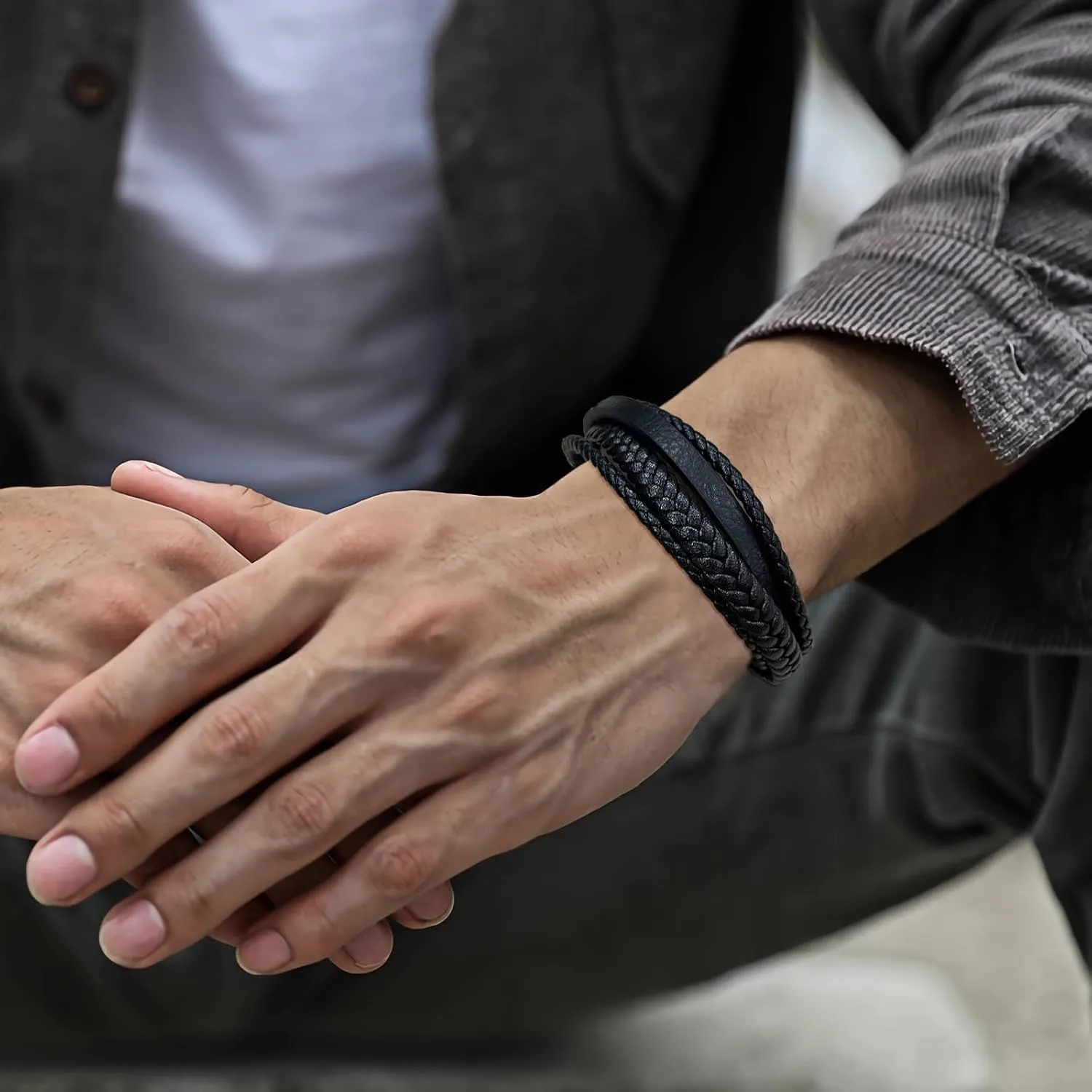 Leather Bracelet for Men  Genuine Multi-Layer Braided Wrap Wristband Bracelet Gifts for Him