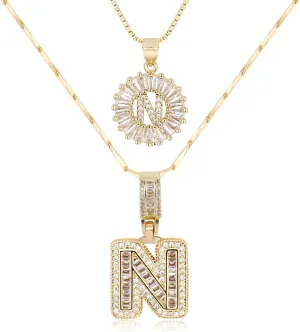 Letter Necklace 14k Gold Plated Bling Dainty Necklaces Trendy Chunky Custom Name Necklace Personalized Round Circle Pendant Zirconia Letters Name Crystal Jewelry Gifts for Women