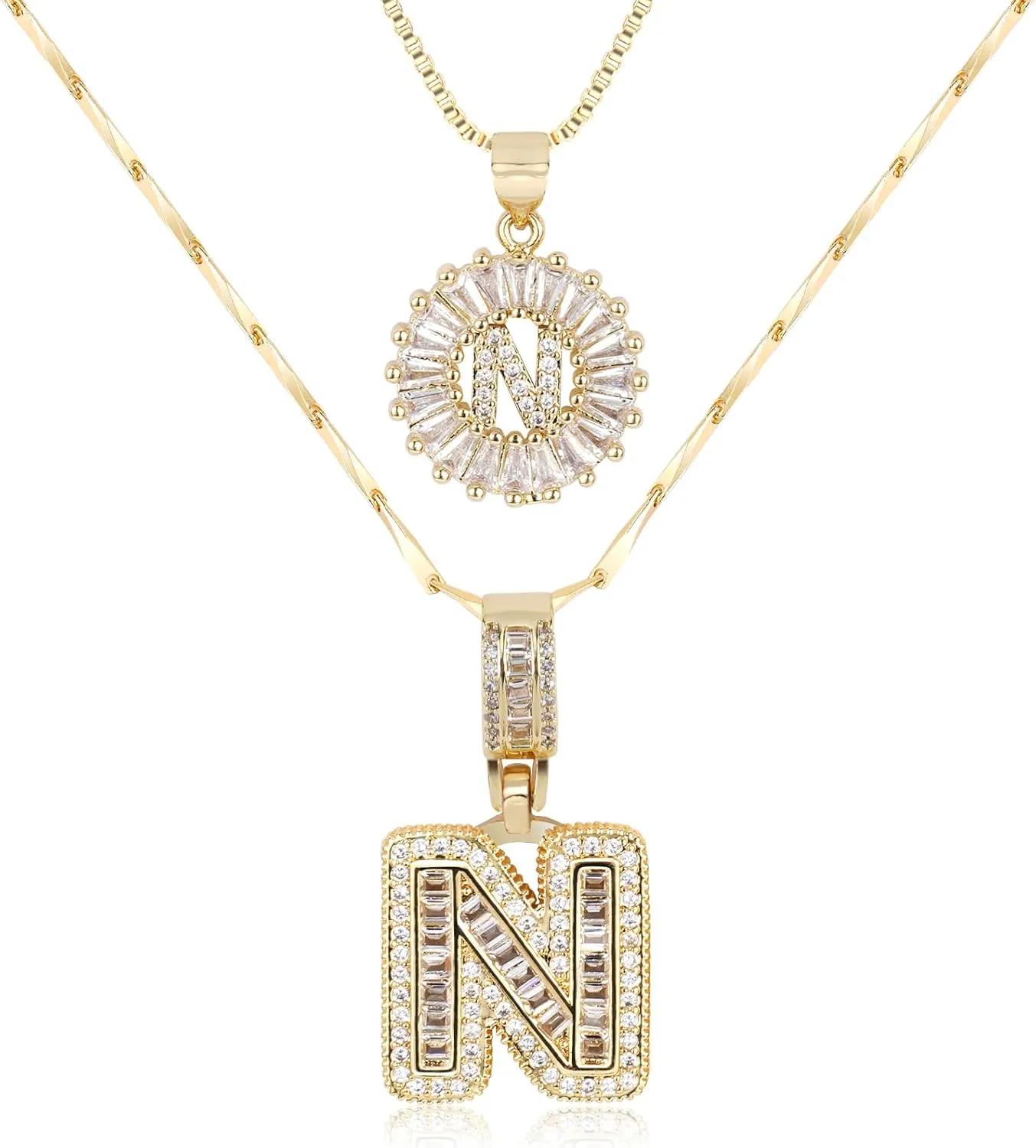 Letter Necklace 14k Gold Plated Bling Dainty Necklaces Trendy Chunky Custom Name Necklace Personalized Round Circle Pendant Zirconia Letters Name Crystal Jewelry Gifts for Women