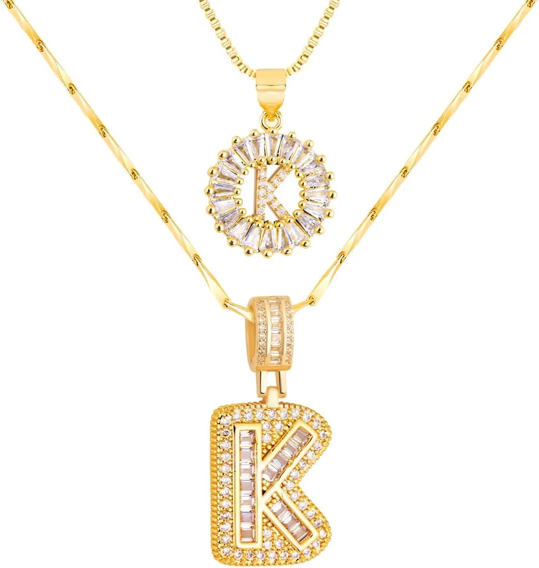 Letter Necklace 14k Gold Plated Trendy Chunky Custom Name Personalized Zirconia Necklace Pendant Birthday Valentine Jewelry Gifts for Her