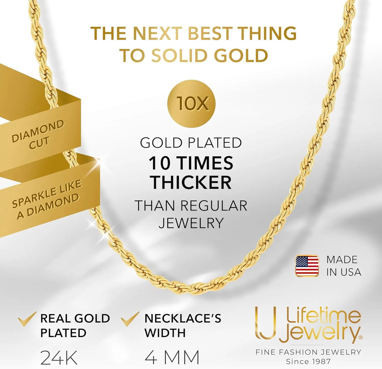 LIFETIME JEWELRY 4mm Gold Rope Chain for Men & Women 24k Real Gold Plated Diamond Cut Gold Necklace 16 to 30 Inch