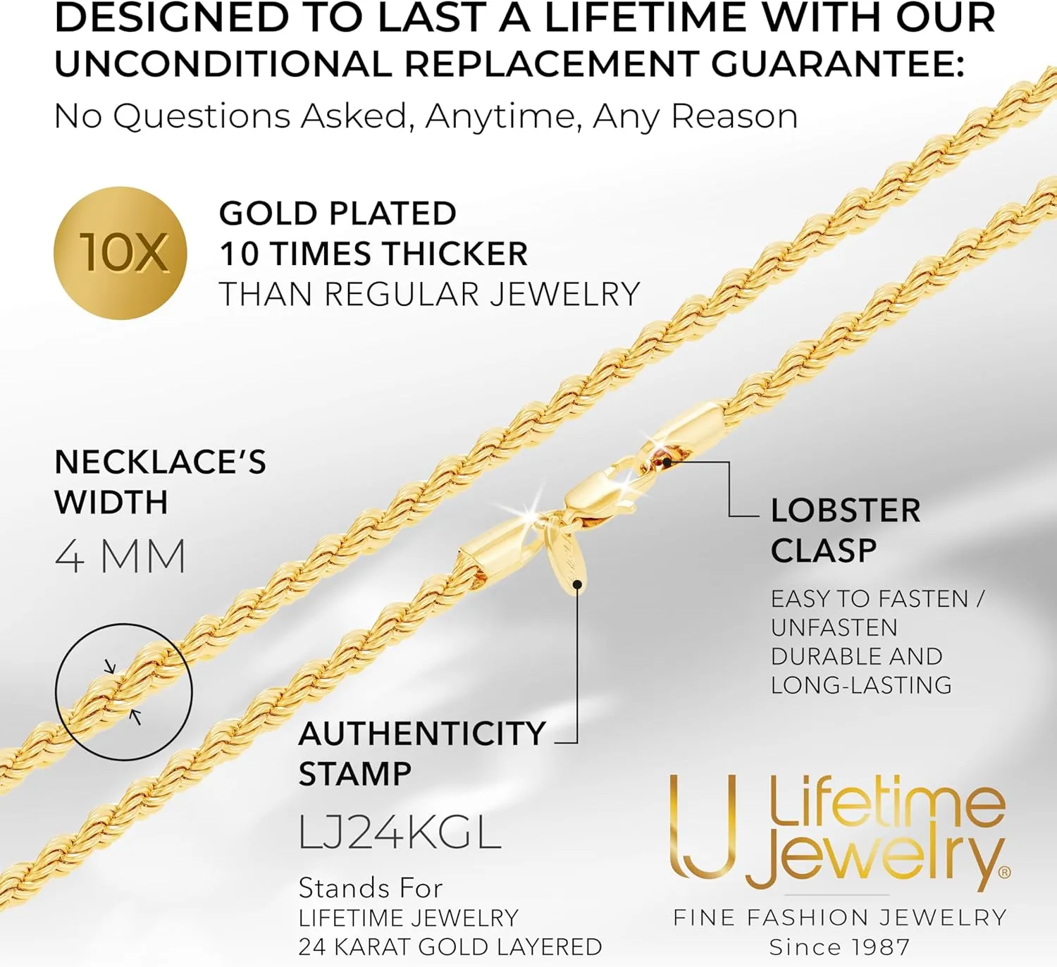 LIFETIME JEWELRY 4mm Gold Rope Chain for Men & Women 24k Real Gold Plated Diamond Cut Gold Necklace 16 to 30 Inch