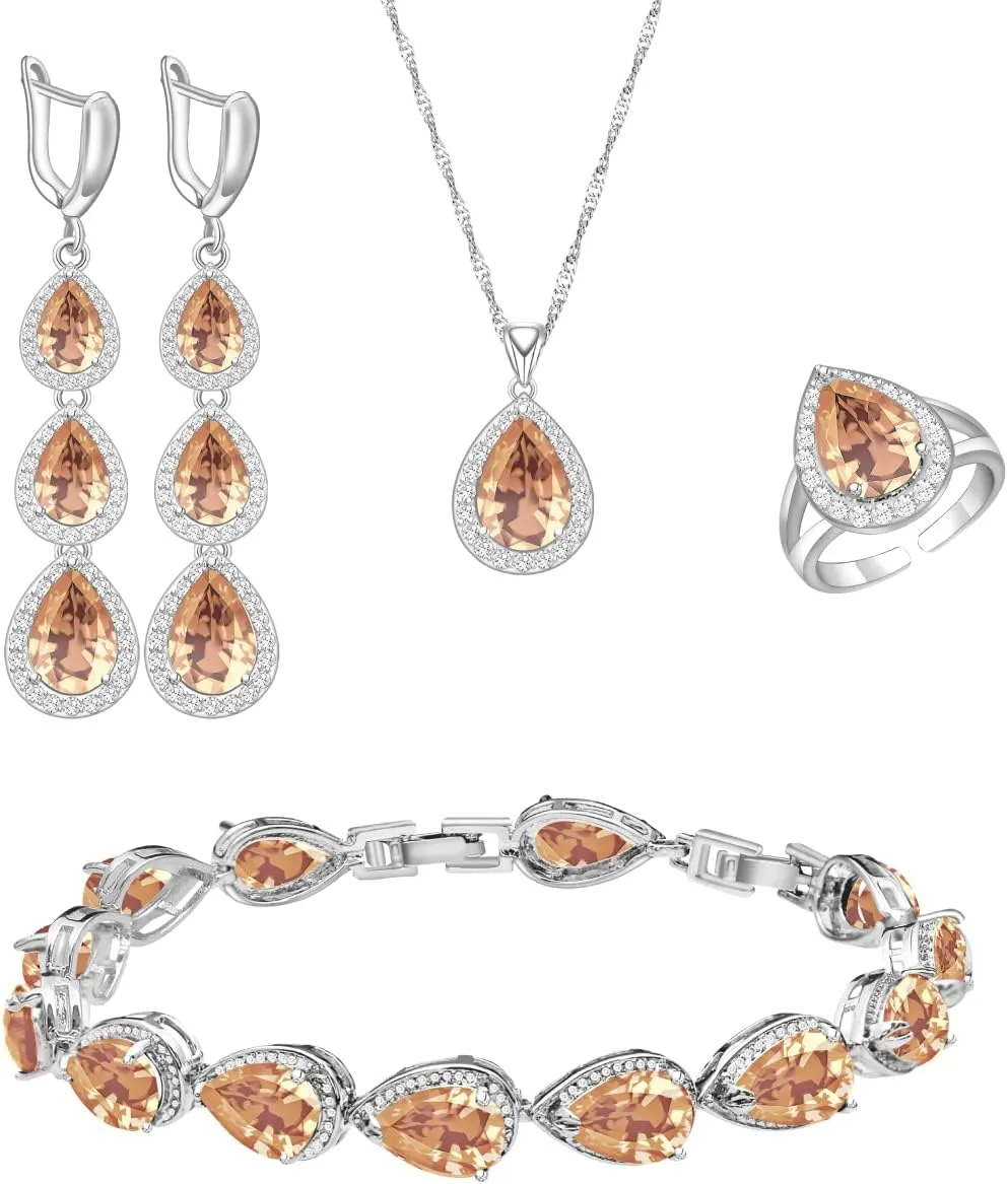 LMXXVJ Necklace Long Earrings Bracelet Set, White Gold Plated Created Blue Sapphire Jewelry Set Wedding Party Gift Jewelry for Women Bridal Bridesmaid
