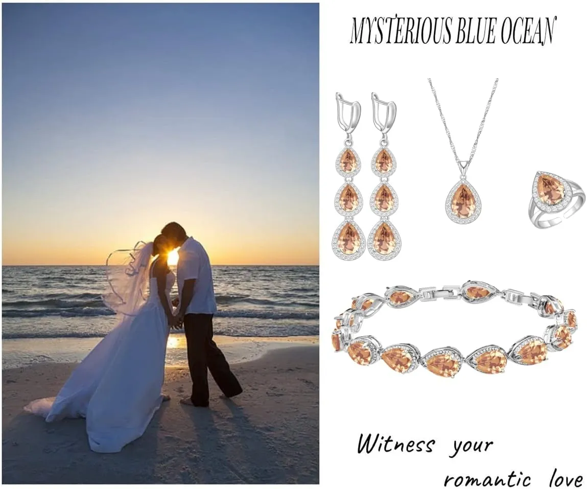 LMXXVJ Necklace Long Earrings Bracelet Set, White Gold Plated Created Blue Sapphire Jewelry Set Wedding Party Gift Jewelry for Women Bridal Bridesmaid