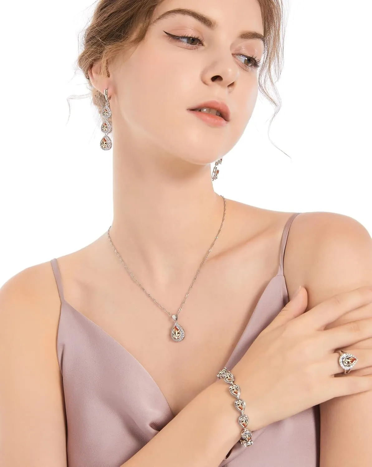 LMXXVJ Necklace Long Earrings Bracelet Set, White Gold Plated Created Blue Sapphire Jewelry Set Wedding Party Gift Jewelry for Women Bridal Bridesmaid