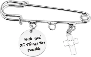 LQRI Cross Charm Safety Pin Brooch With God All Things Are Possible Christian Bible Verse Quote Charm Brooches Being Jewelry