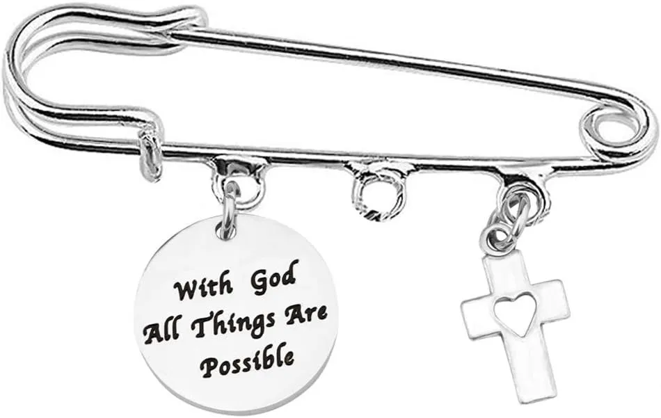 LQRI Cross Charm Safety Pin Brooch With God All Things Are Possible Christian Bible Verse Quote Charm Brooches Being Jewelry