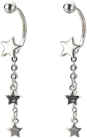 Lucky Star Half Hoop Earrings Cartilage for Women 925 Sterling Silver Stars Chain Tassel Dangle Drop Earring Helix Piercing Tiny Ball Front Back Studs Cute Hypoallergenic Huggie Jewelry Gifts 20G