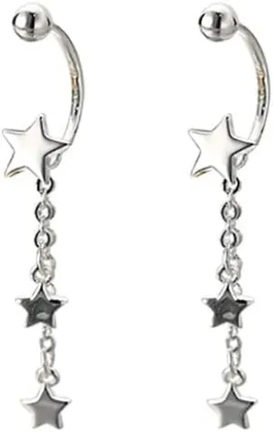 Lucky Star Half Hoop Earrings Cartilage for Women 925 Sterling Silver Stars Chain Tassel Dangle Drop Earring Helix Piercing Tiny Ball Front Back Studs Cute Hypoallergenic Huggie Jewelry Gifts 20G