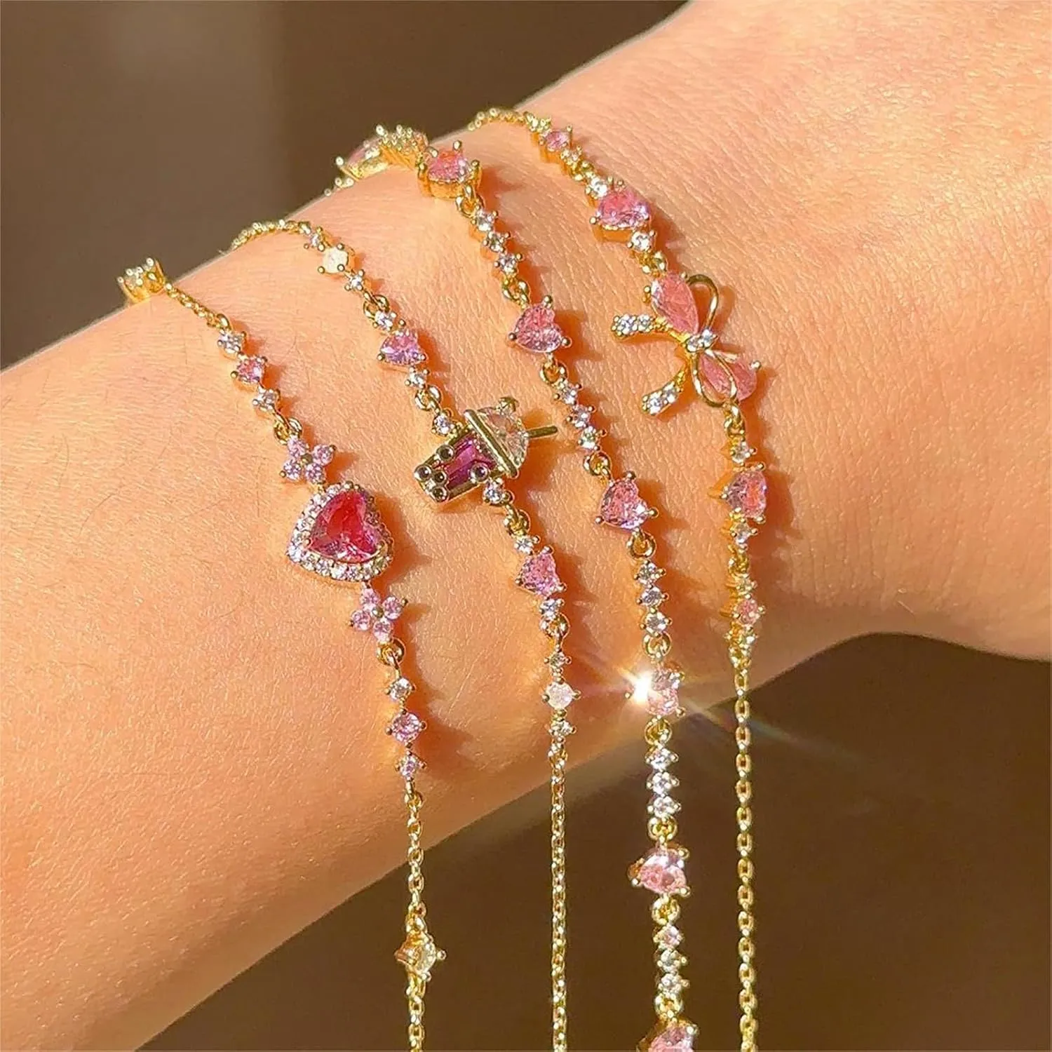 LXURY Bow Zircon Bracelet, Adjustable Ribbon Bow Beaded Chain Bracelet, Friendship Bracelets with White Pink Zircon,Women Trendy Bracelet Gift (Gold,One Size)