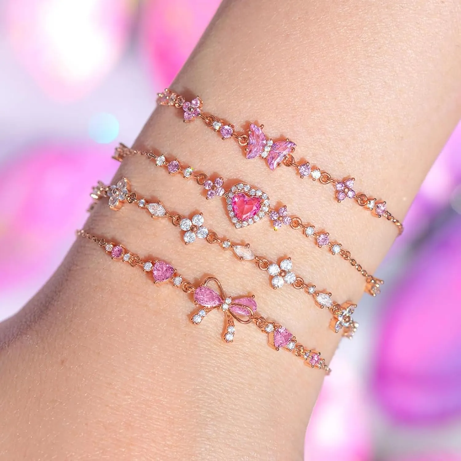 LXURY Bow Zircon Bracelet, Adjustable Ribbon Bow Beaded Chain Bracelet, Friendship Bracelets with White Pink Zircon,Women Trendy Bracelet Gift (Gold,One Size)