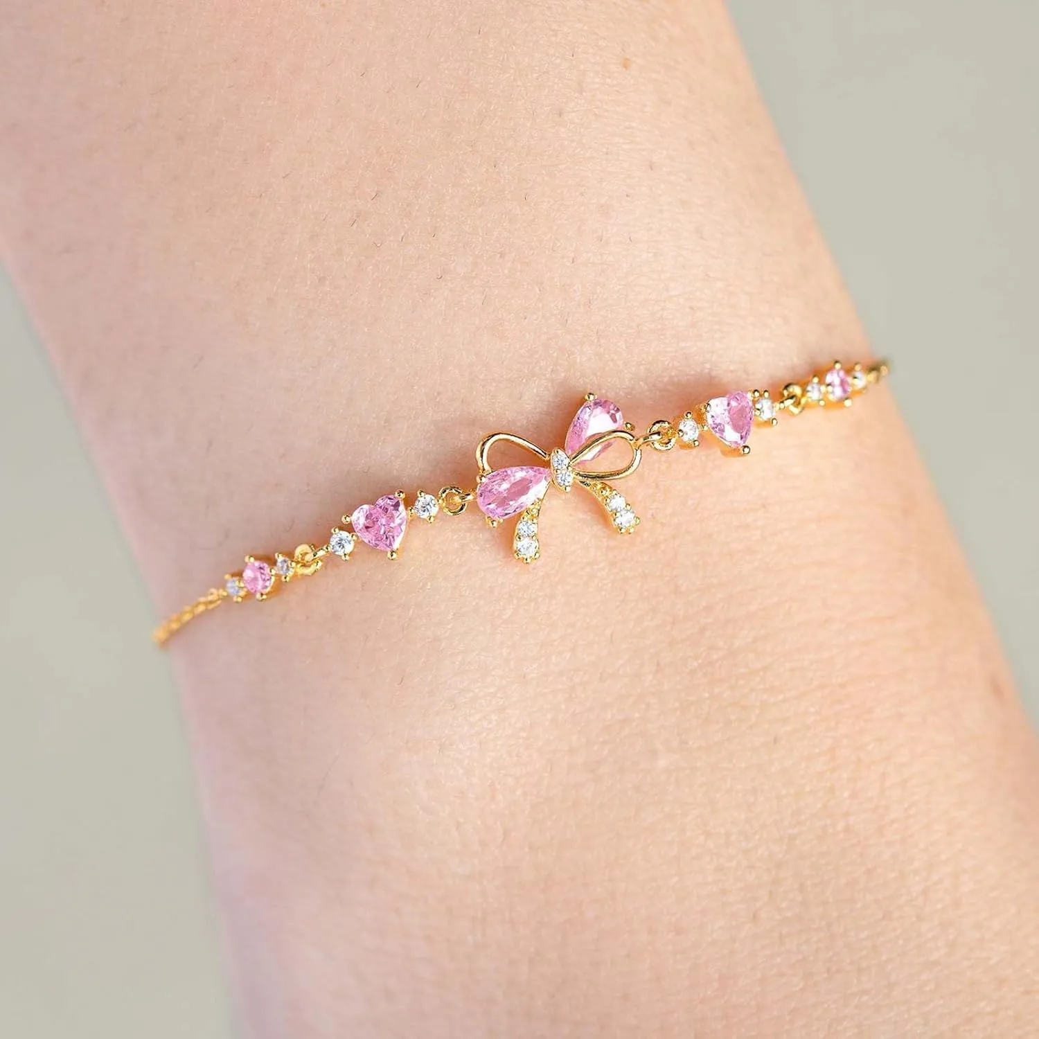 LXURY Bow Zircon Bracelet, Adjustable Ribbon Bow Beaded Chain Bracelet, Friendship Bracelets with White Pink Zircon,Women Trendy Bracelet Gift (Gold,One Size)