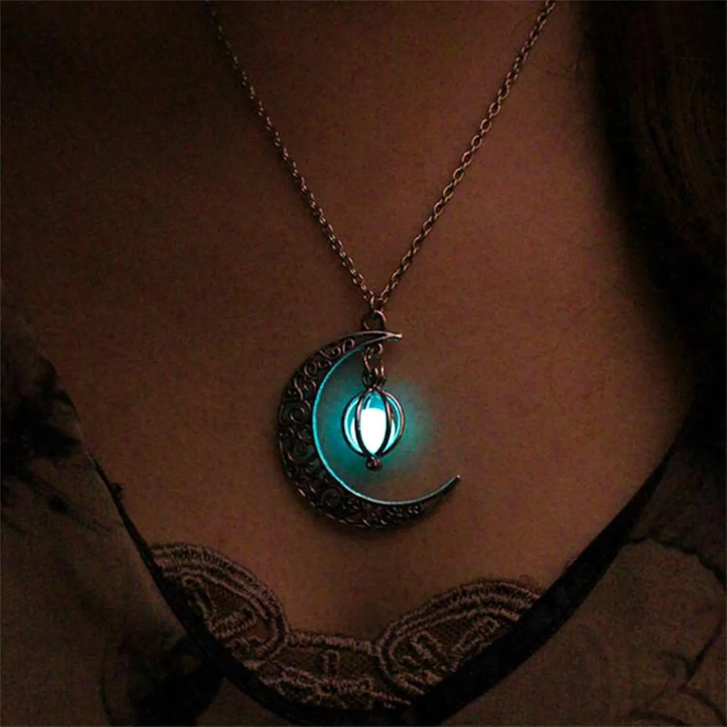 MALOYANVE Pumpkin Necklace 925 Sterling Silver Moon and Pumpkin Luminous Beads Glow in the Dark Pendant Necklace Halloween Jewelry Gifts for Women