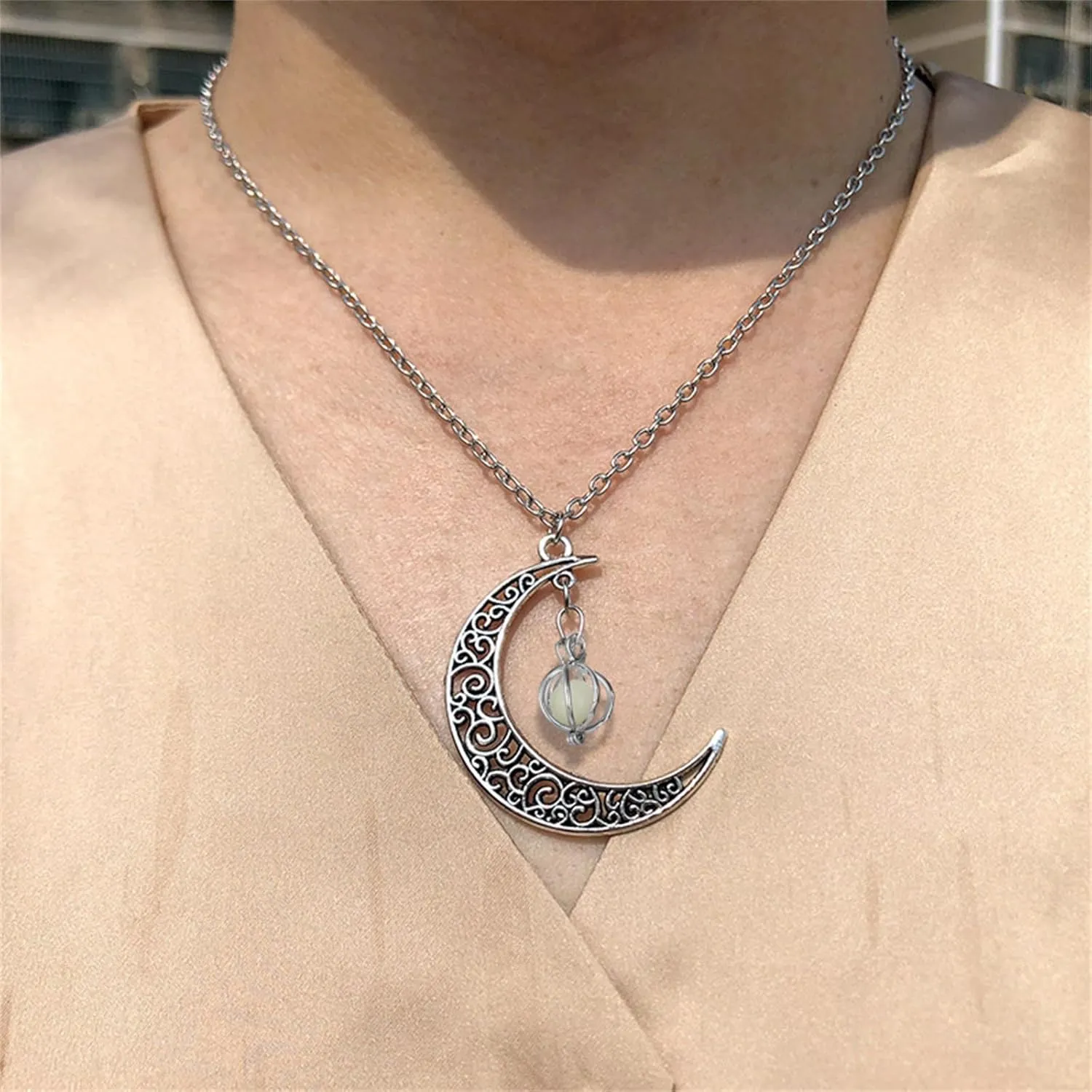 MALOYANVE Pumpkin Necklace 925 Sterling Silver Moon and Pumpkin Luminous Beads Glow in the Dark Pendant Necklace Halloween Jewelry Gifts for Women