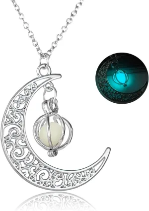 MALOYANVE Pumpkin Necklace 925 Sterling Silver Moon and Pumpkin Luminous Beads Glow in the Dark Pendant Necklace Halloween Jewelry Gifts for Women
