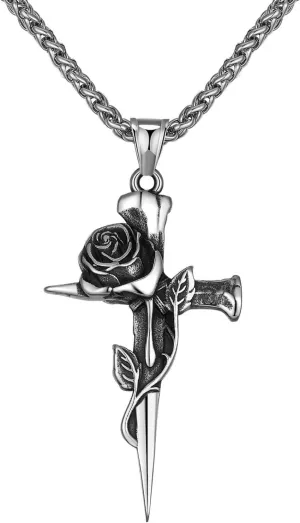 Meilord Vintage Cross Pendant Necklace with Rose Flower Gothic Punk Stainless Steel Religious Jewelry,Retro Personalized Rapper Bike Necklaces for Mens Women 24 Inch Chain