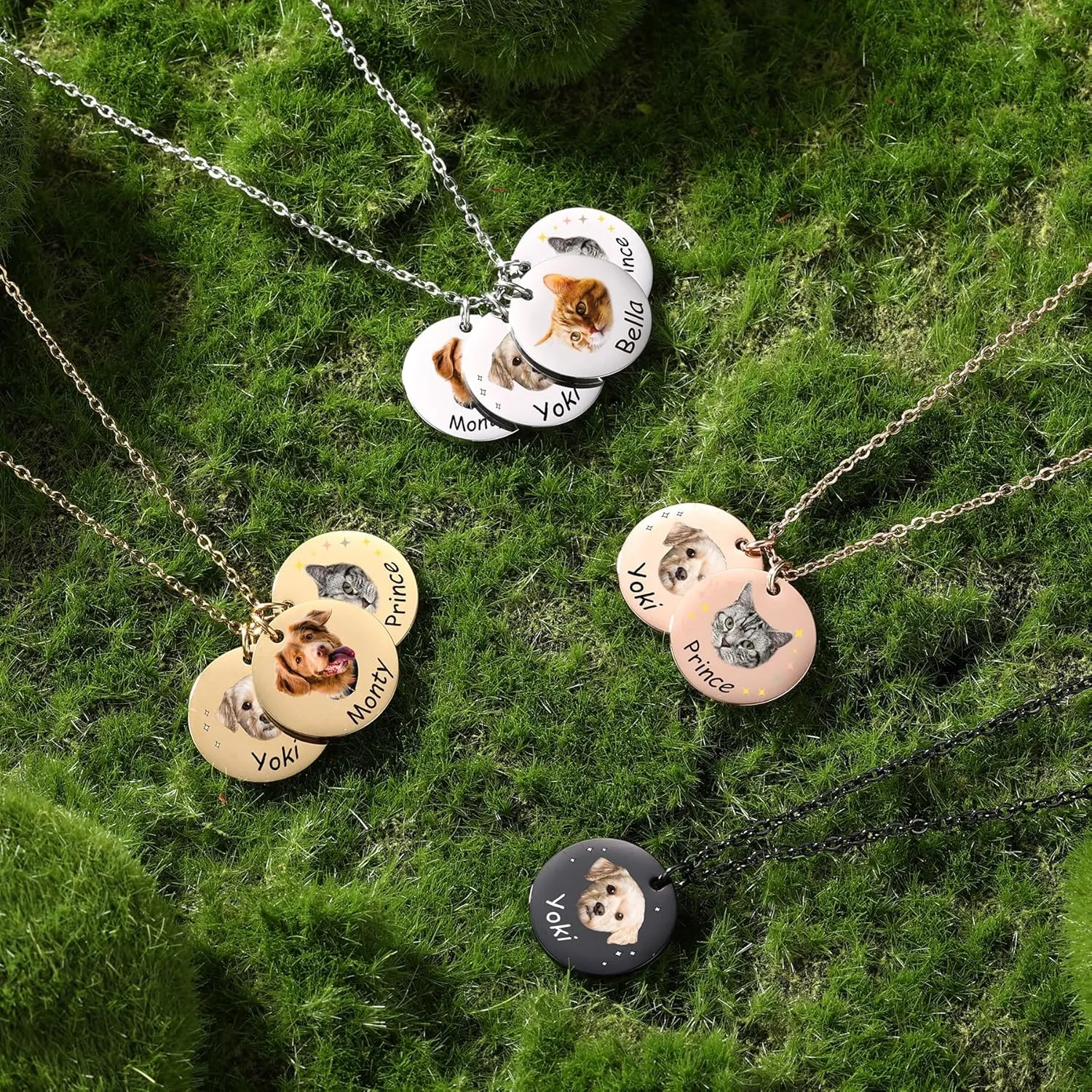 MeMeDIY Personalized Pet Portrait Necklace - Customized Round Disc Photo Text Engraved Necklace for Cat, Dog, Animal Lover - Dog Mom/Dad