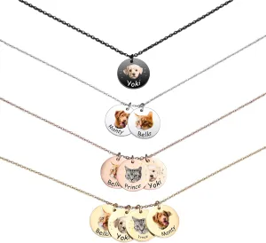 MeMeDIY Personalized Pet Portrait Necklace - Customized Round Disc Photo Text Engraved Necklace for Cat, Dog, Animal Lover - Dog Mom/Dad