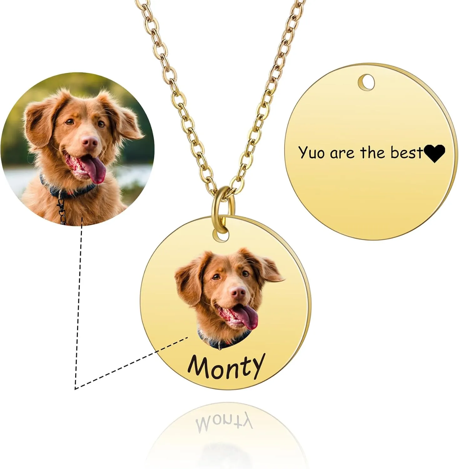 MeMeDIY Personalized Pet Portrait Necklace - Customized Round Disc Photo Text Engraved Necklace for Cat, Dog, Animal Lover - Dog Mom/Dad