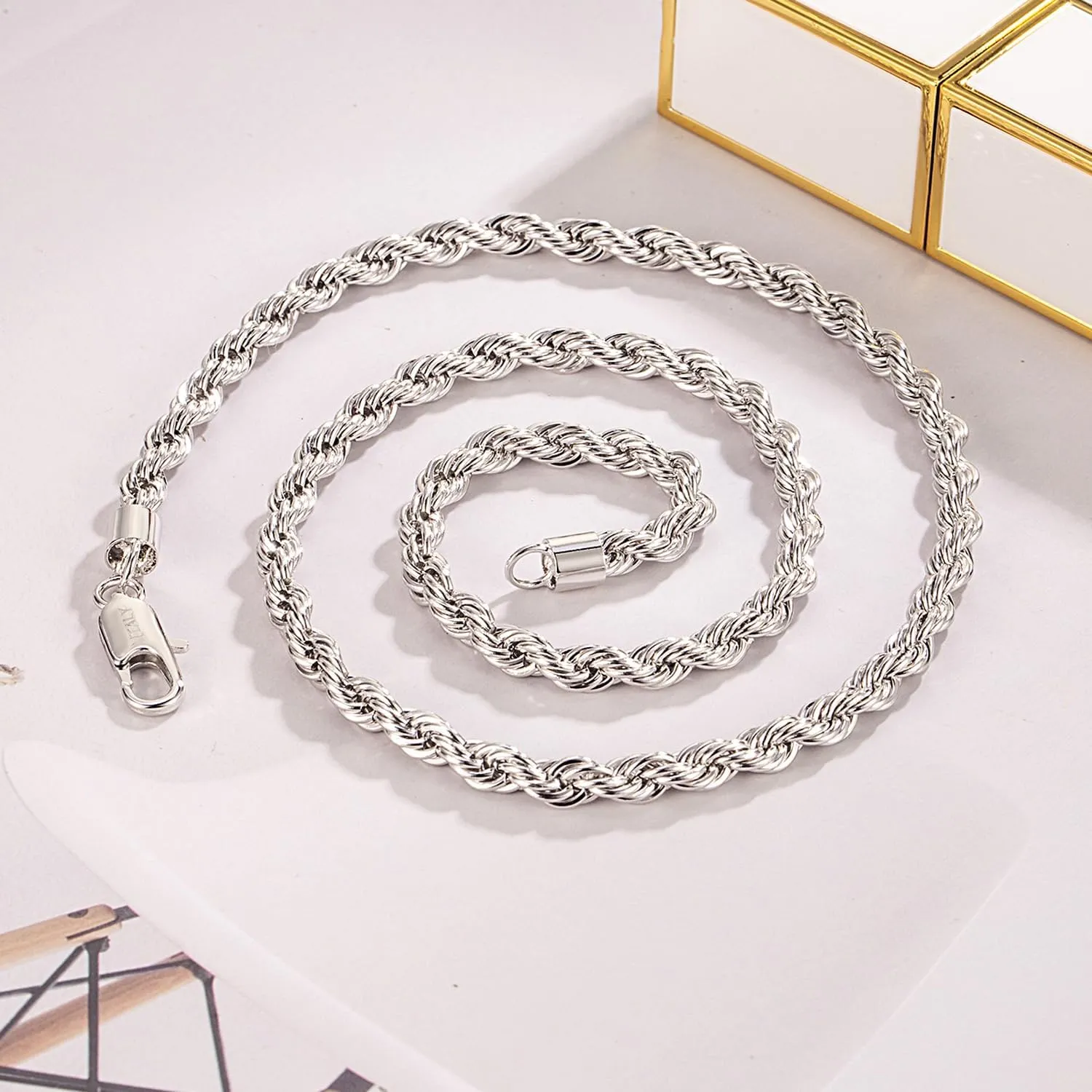 Men 925 Sterling Silver 5mm Twist Rope Chain Necklace 24k Real Gold Plated Women Diamond Cut Clasp Rope Box Chain 18" 20 "22" 24 "26" 28 "30" Chocker Jewelry Gifts