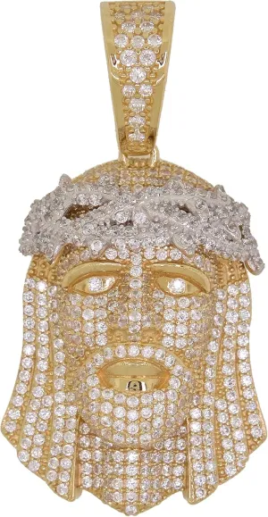Men's 10k Two Tone Gold Round Cut Cubic Zirconia Iced Jesus Christ Pendant, 1.70" x 0.90"