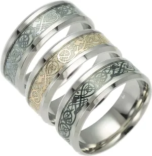 Men's 8mm Luminous Carbon Fiber Celtic Dragon Ring Effect Ring Band Glow in The Dark Ring,