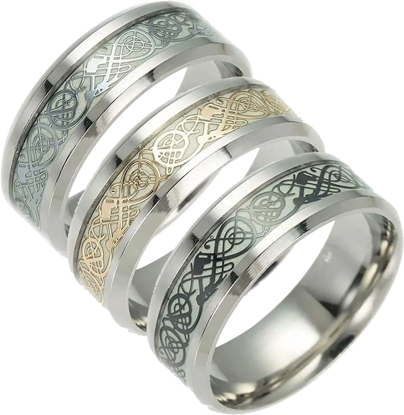 Men's 8mm Luminous Carbon Fiber Celtic Dragon Ring Effect Ring Band Glow in The Dark Ring,