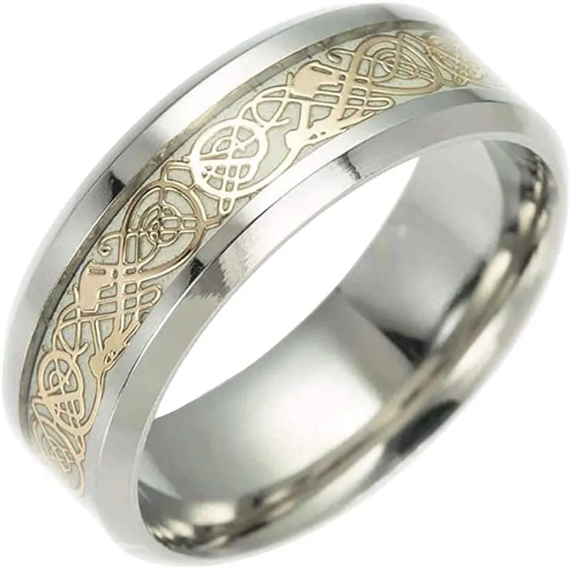 Men's 8mm Luminous Carbon Fiber Celtic Dragon Ring Effect Ring Band Glow in The Dark Ring,
