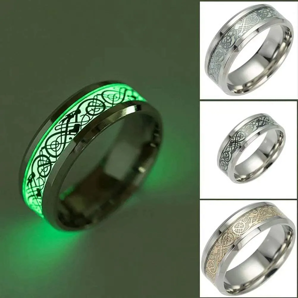 Men's 8mm Luminous Carbon Fiber Celtic Dragon Ring Effect Ring Band Glow in The Dark Ring,