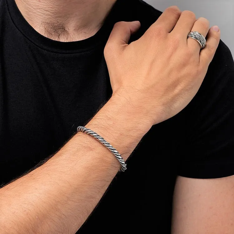 Men's 925 Sterling Silver Twist Bangle Bracelet | Handmade Solid Silver Cuff, Durable and Stylish