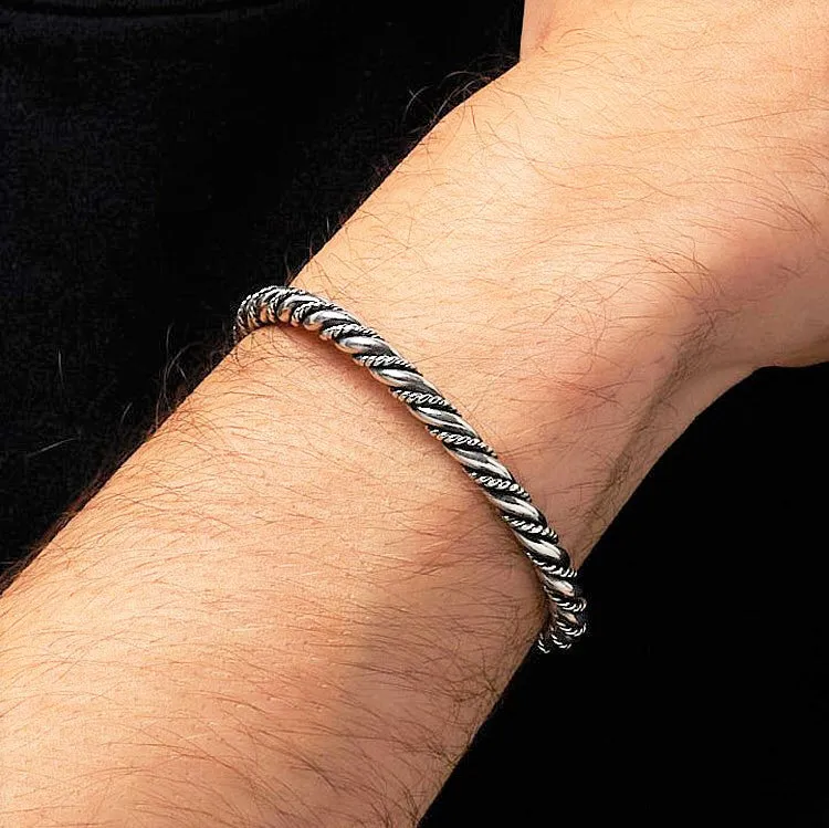 Men's 925 Sterling Silver Twist Bangle Bracelet | Handmade Solid Silver Cuff, Durable and Stylish