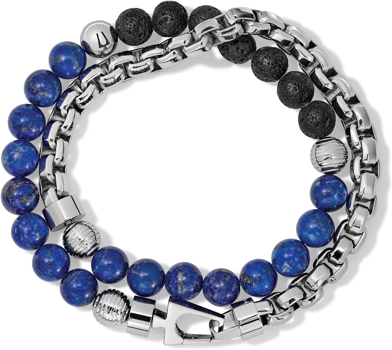 Men's Classic Double-Wrap Box Chain and Beaded Bracelet with Tuning Fork Closure