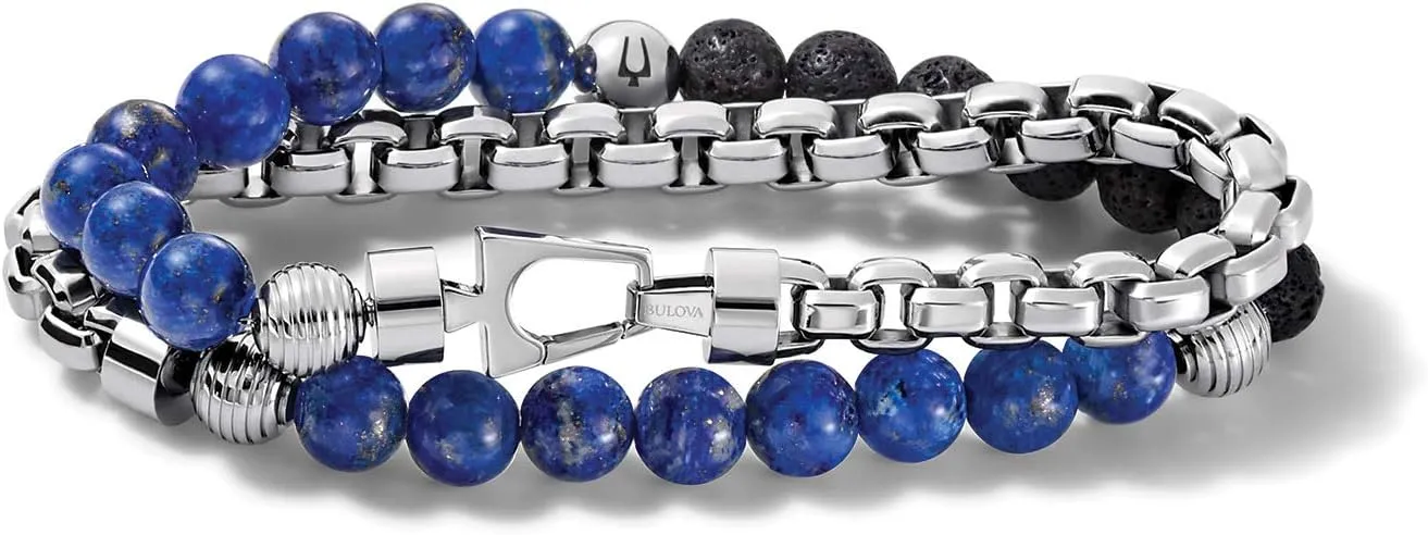 Men's Classic Double-Wrap Box Chain and Beaded Bracelet with Tuning Fork Closure