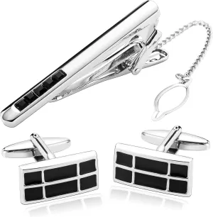 Men's Cufflinks and Tie Clips Set, Mens Cufflinks Unique Metal Tie Bar Rectangle Silver Black Stainless Steel