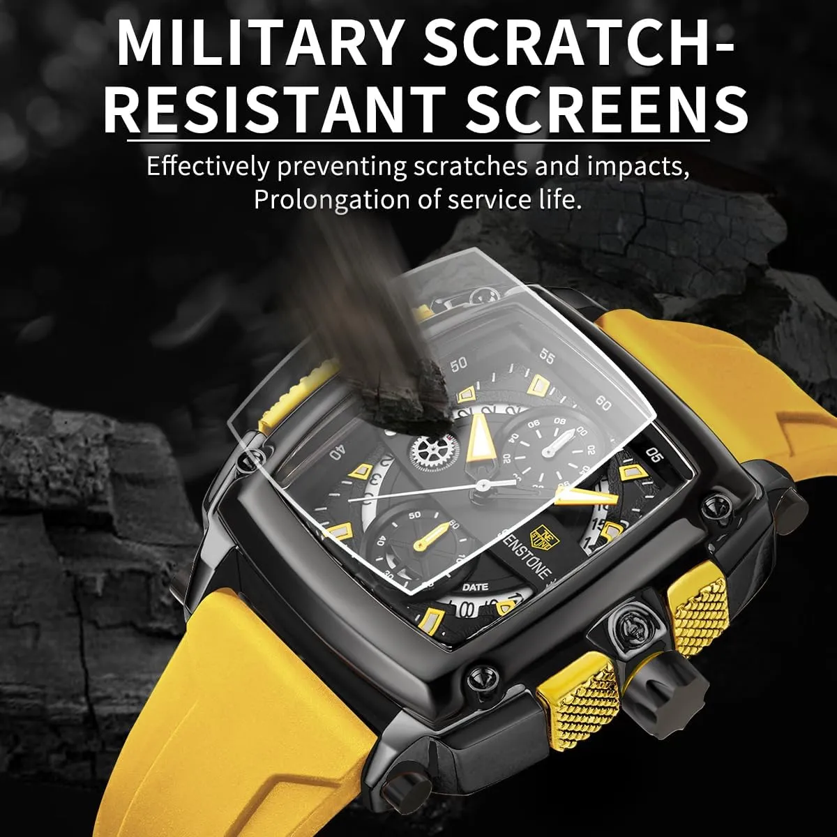 Mens Watch Square Fashion Sports Multifunction Chronograph Quartz Analog Wristwatch Gift for Men Rubber Band Silicone Strap Watches