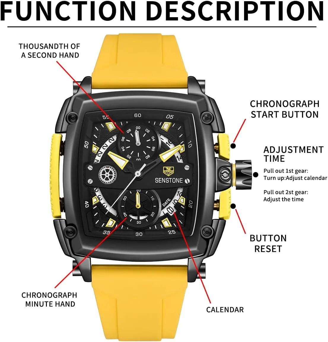 Mens Watch Square Fashion Sports Multifunction Chronograph Quartz Analog Wristwatch Gift for Men Rubber Band Silicone Strap Watches