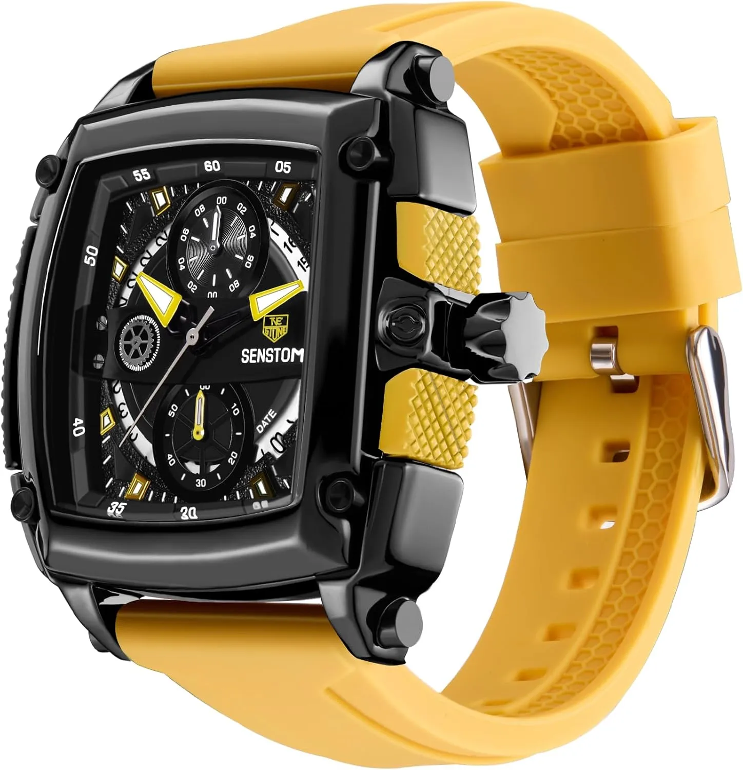 Mens Watch Square Fashion Sports Multifunction Chronograph Quartz Analog Wristwatch Gift for Men Rubber Band Silicone Strap Watches