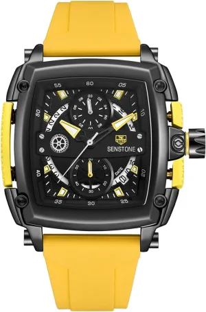Mens Watch Square Fashion Sports Multifunction Chronograph Quartz Analog Wristwatch Gift for Men Rubber Band Silicone Strap Watches