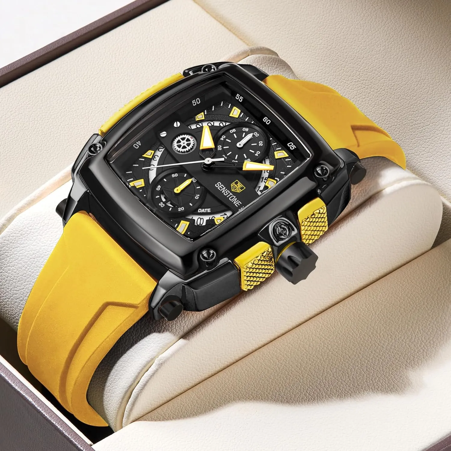 Mens Watch Square Fashion Sports Multifunction Chronograph Quartz Analog Wristwatch Gift for Men Rubber Band Silicone Strap Watches