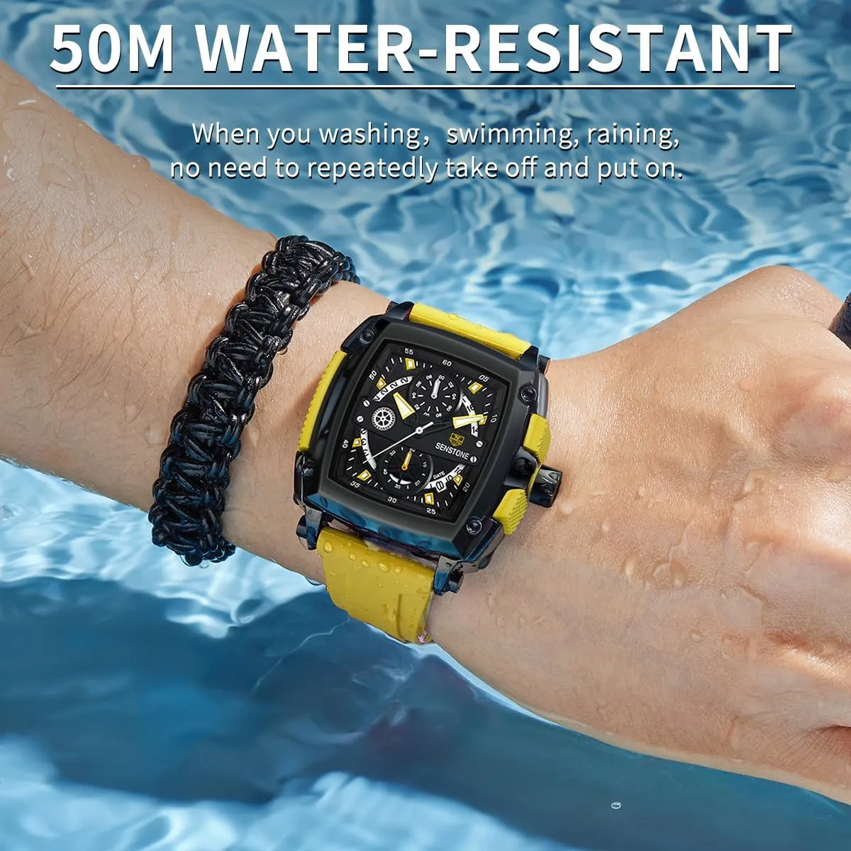 Mens Watch Square Fashion Sports Multifunction Chronograph Quartz Analog Wristwatch Gift for Men Rubber Band Silicone Strap Watches